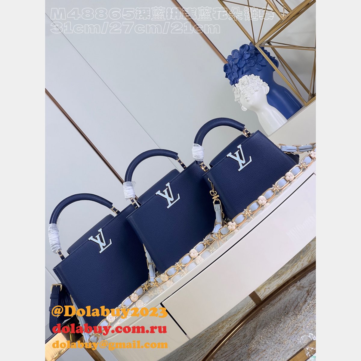 Louis Vuitton M48865 Dark Blue Light Flower Chain Capucines Replica Handbag
