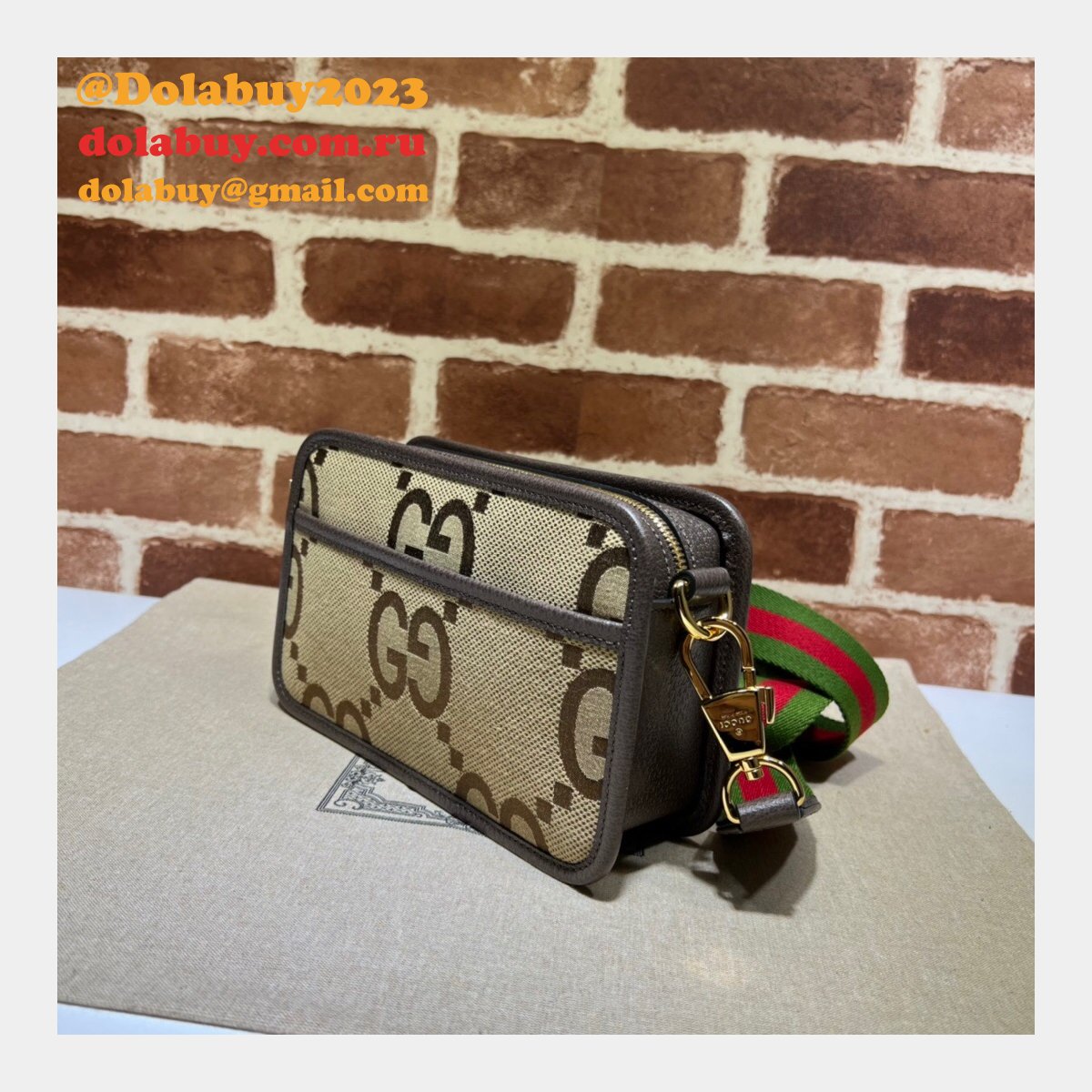 G*u*i perfect 696075 copy jumbo gg mini bag in camel and ebony gg canvas