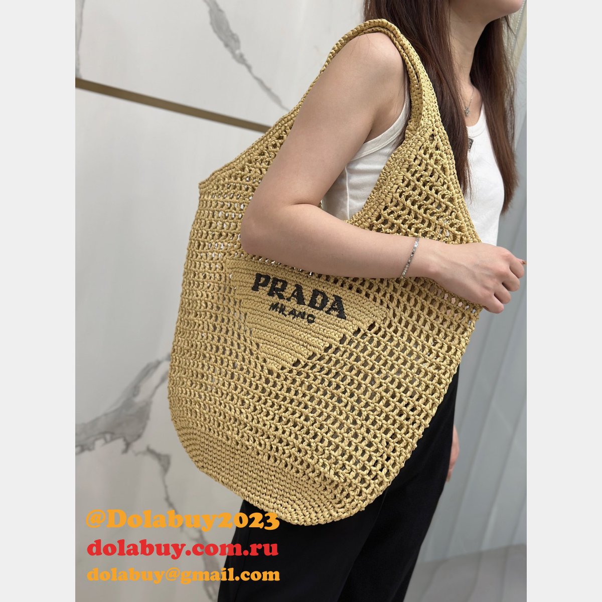 Duplicate prada raffia woven tote bag large 1BG424