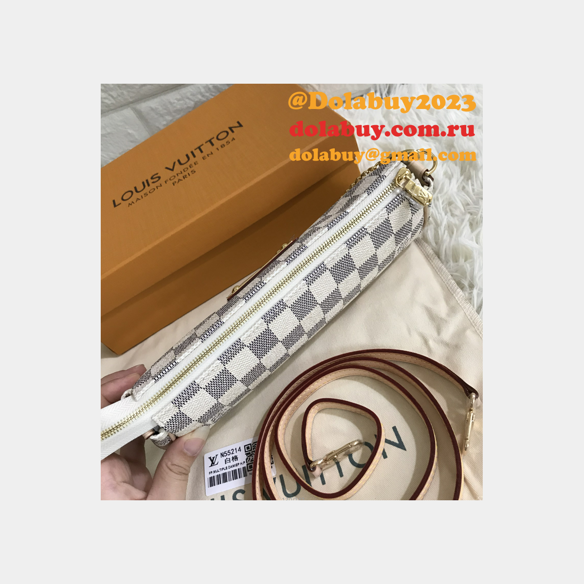 Louis Vuitton Pochette Eva White Damier Azur Canvas Cross Body Luxury N55214 Bag