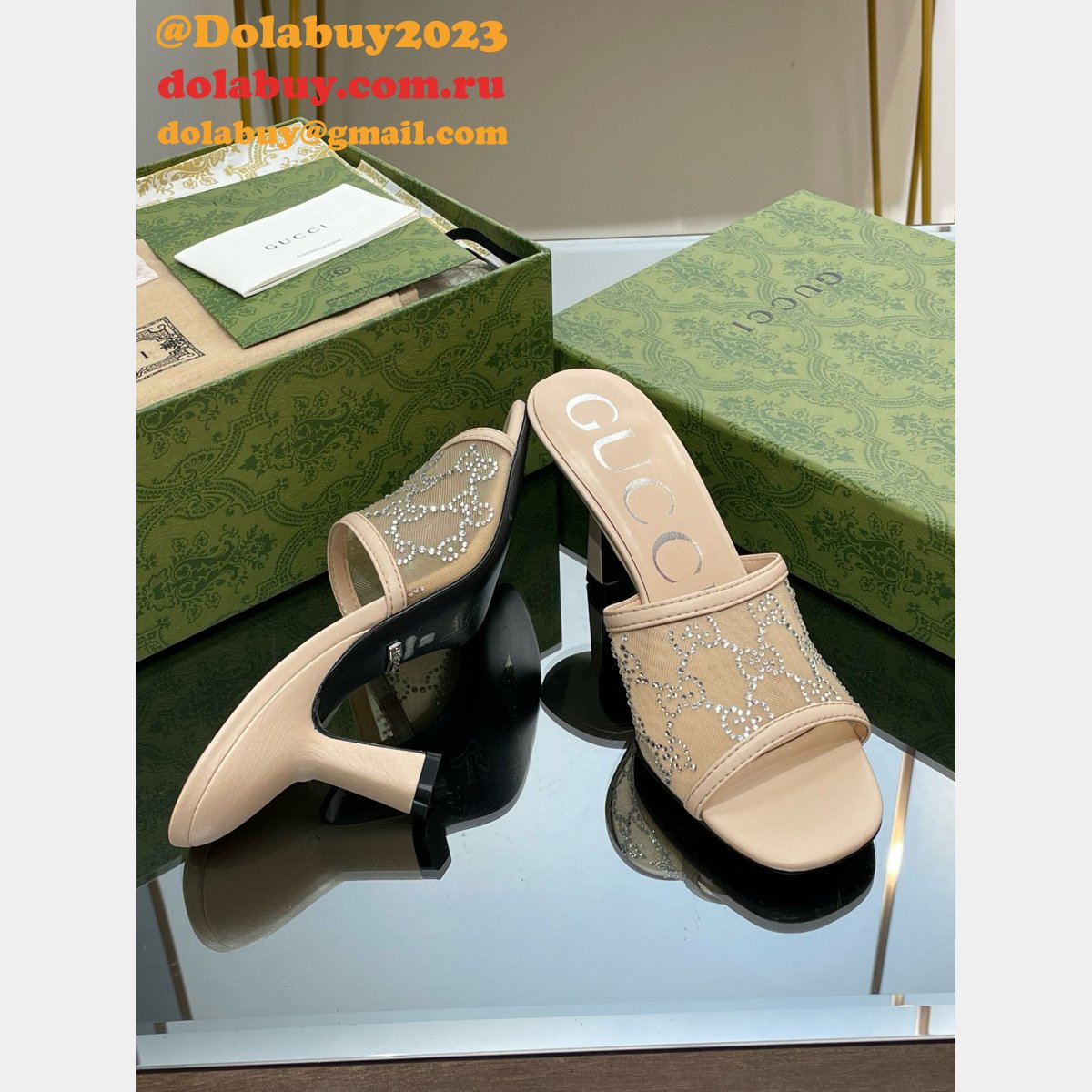 Mid-Heel Slide Sandal Gucci Monogrammed Replica Shoes