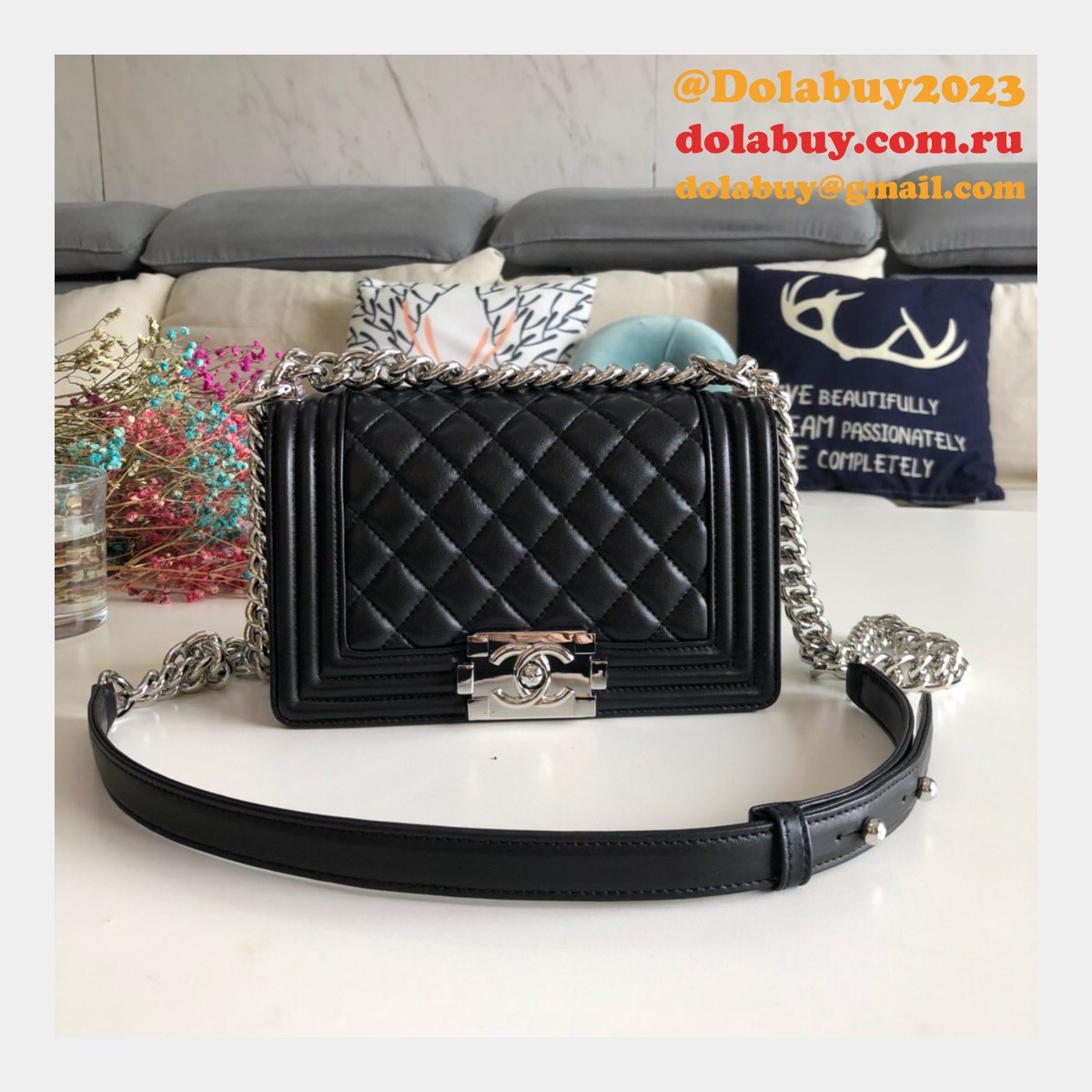 High Quality CC Le Boy Replica Best Black Bags lambksin 20cm