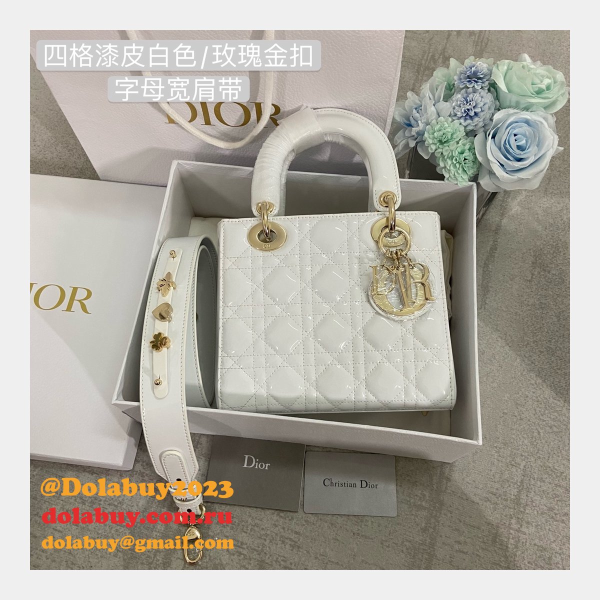 Best DIOR LADY Wholesale PATENT LEATHER HANDBAG 20cm white