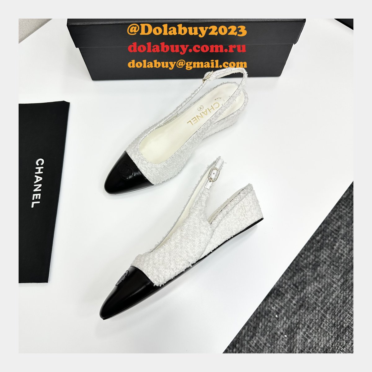 Cotton Tweed Lambskin White Black Slingbacks Shoes