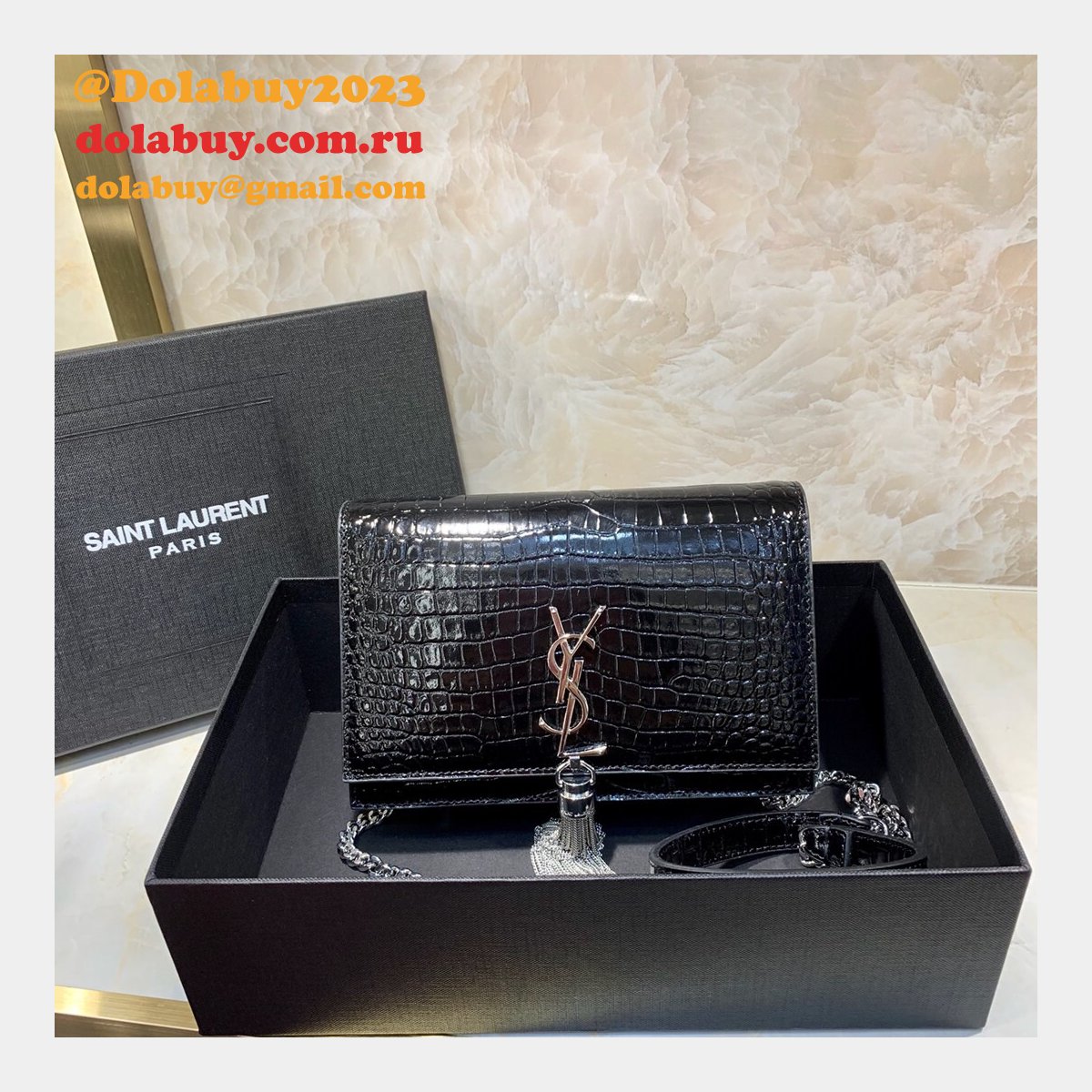 Replicas YSL Monogram chain wallet black 19cm grain de poudre