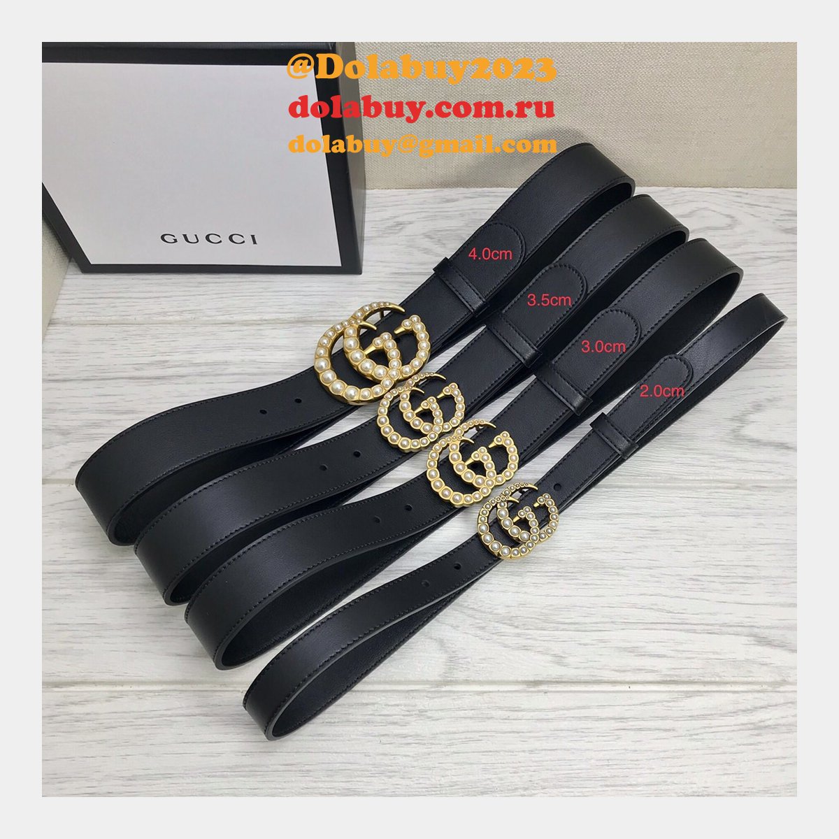 G*u*i replica leather belt with pearl buckle