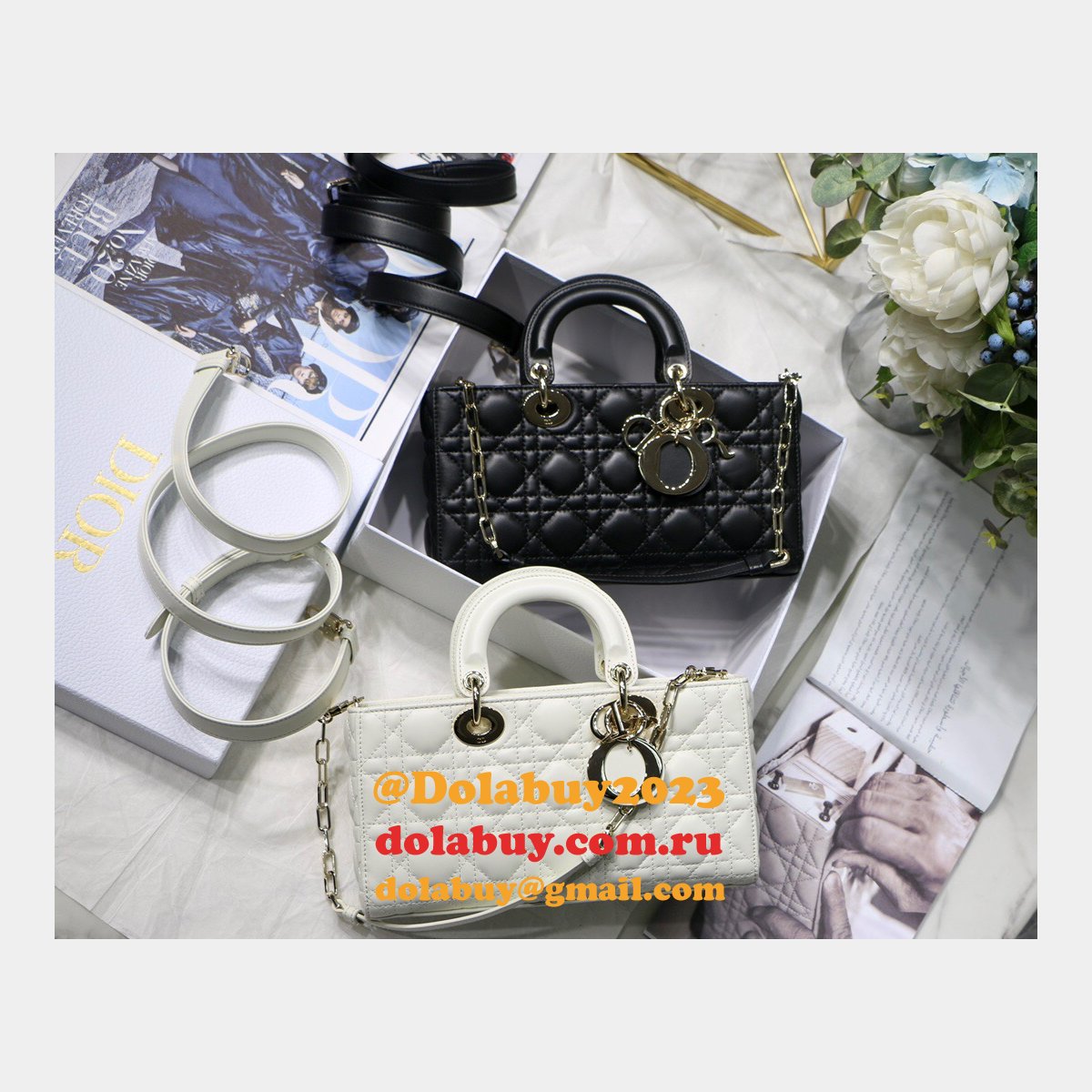 Dior High Quality Replica Black/White Lady Dior Cannage Tech Pouch 26cm