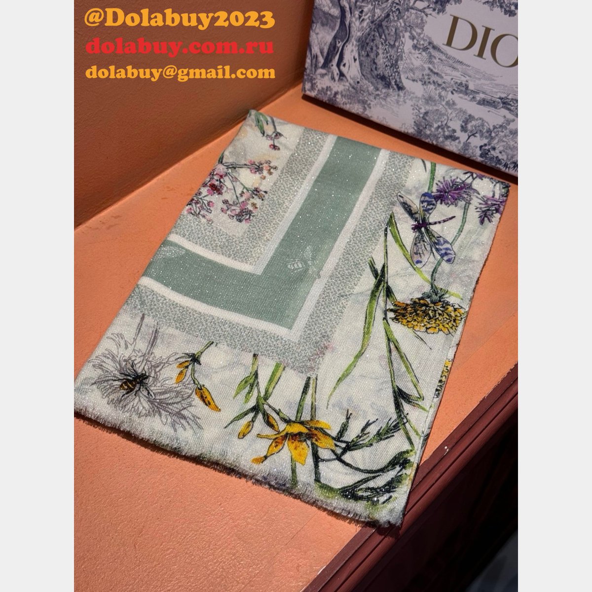 Luxury Dior Sun Goddess Silver Silk Scarf