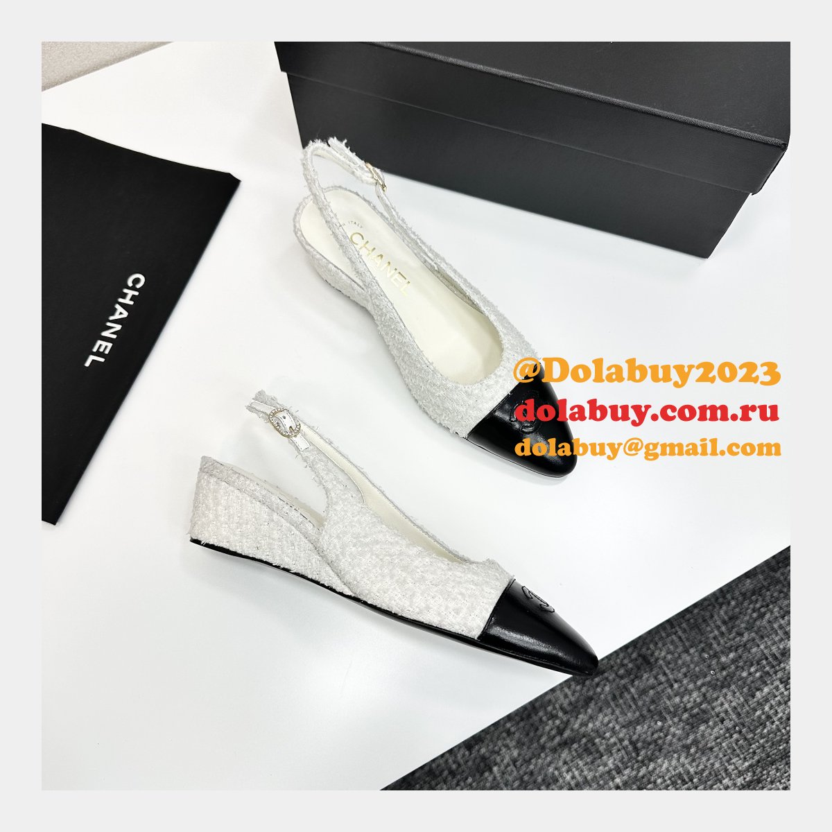 Cotton Tweed Lambskin White Black Slingbacks Shoes