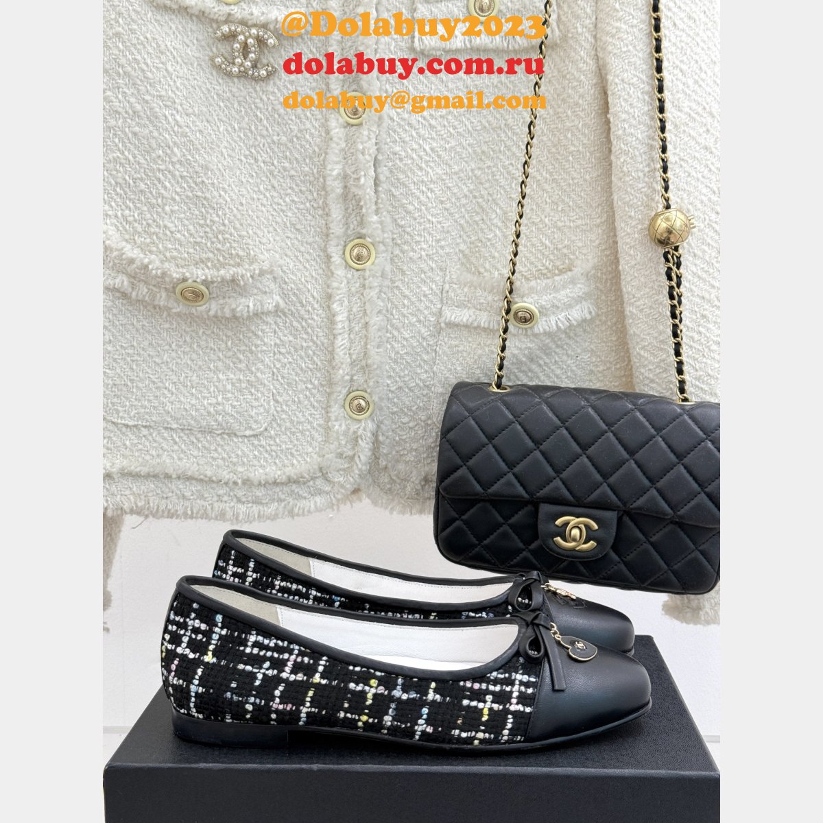 Wholesale CC Ballet Tweed Leather Flats