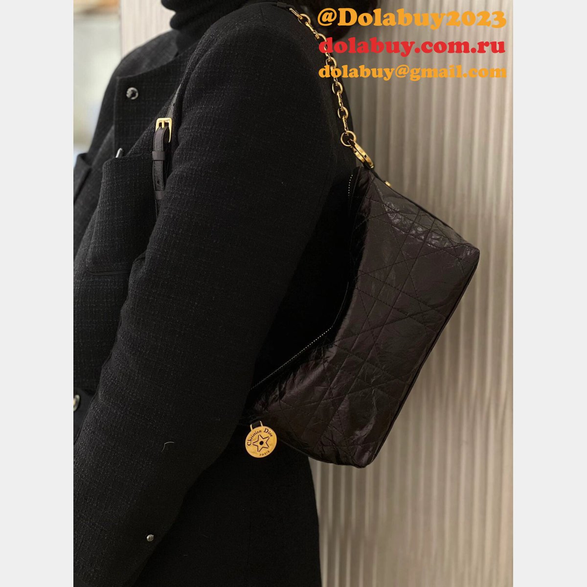 Christian Dior Perfect Fake 3106 Diorstar Hobo Chain Black Macrocannage Crinkled