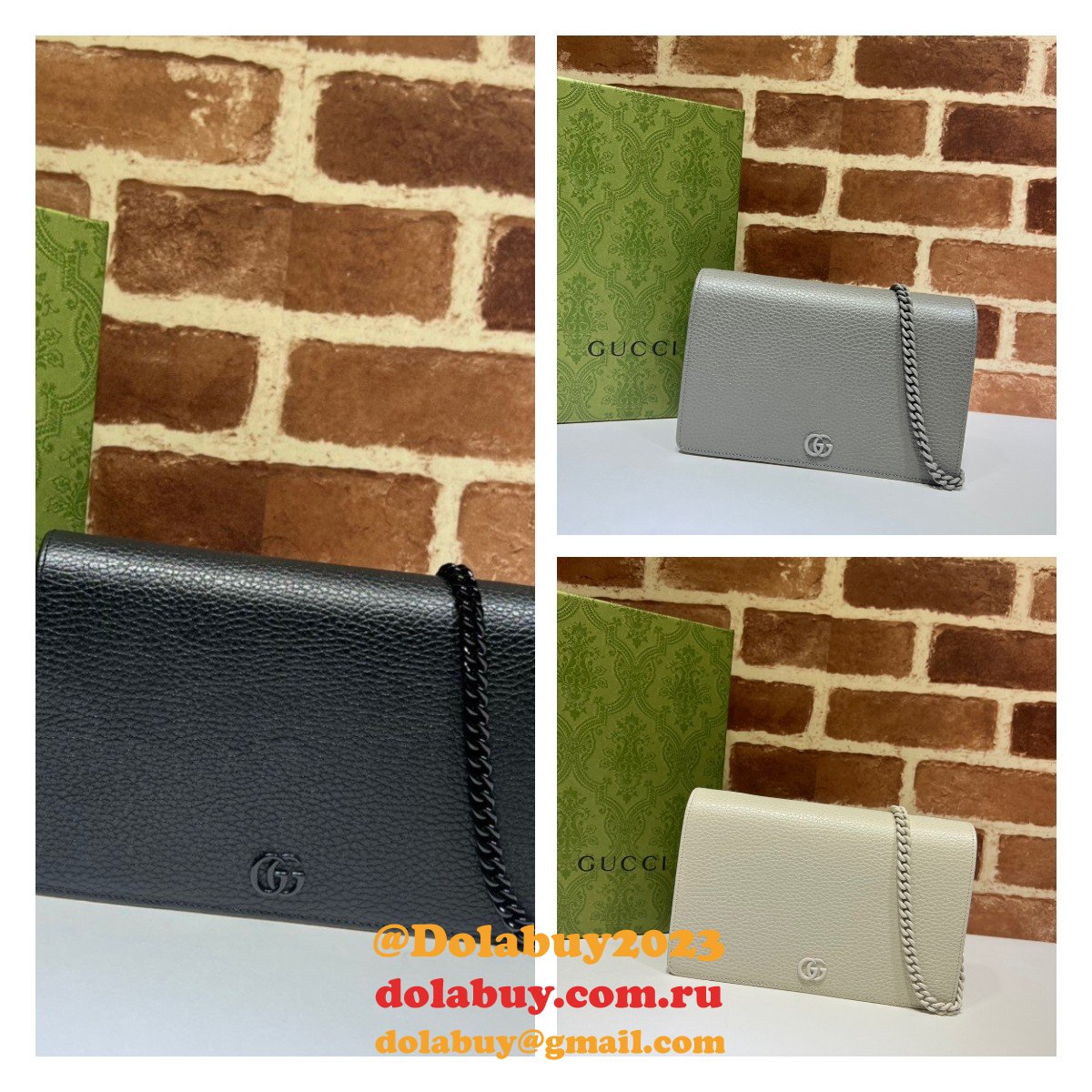 Top Luxury GG Gucci Replicas 497985 Marmont leather mini Chain Wallets bag