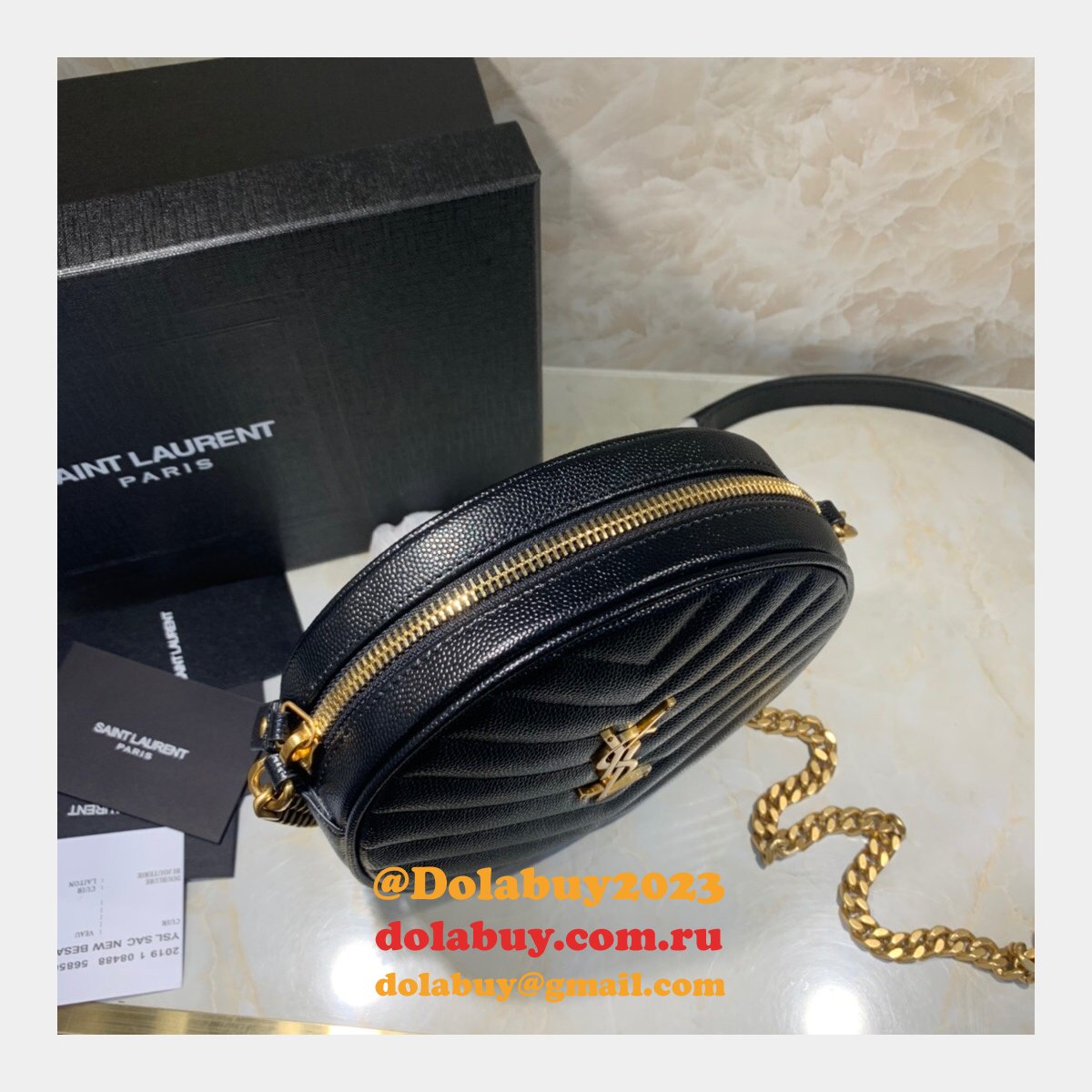 Cheap YSL Vinyle round camera bag 610436 chevron-quilted