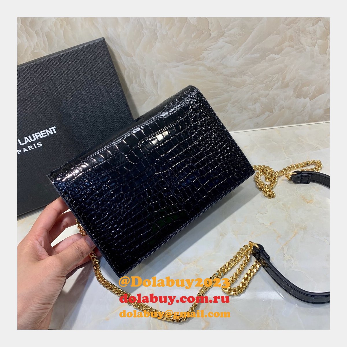Replicas YSL Monogram chain wallet black 19cm grain de poudre
