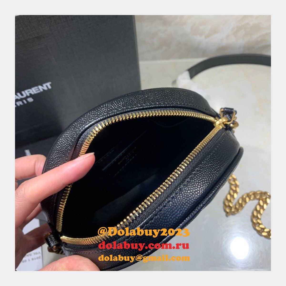 Cheap YSL Vinyle round camera bag 610436 chevron-quilted