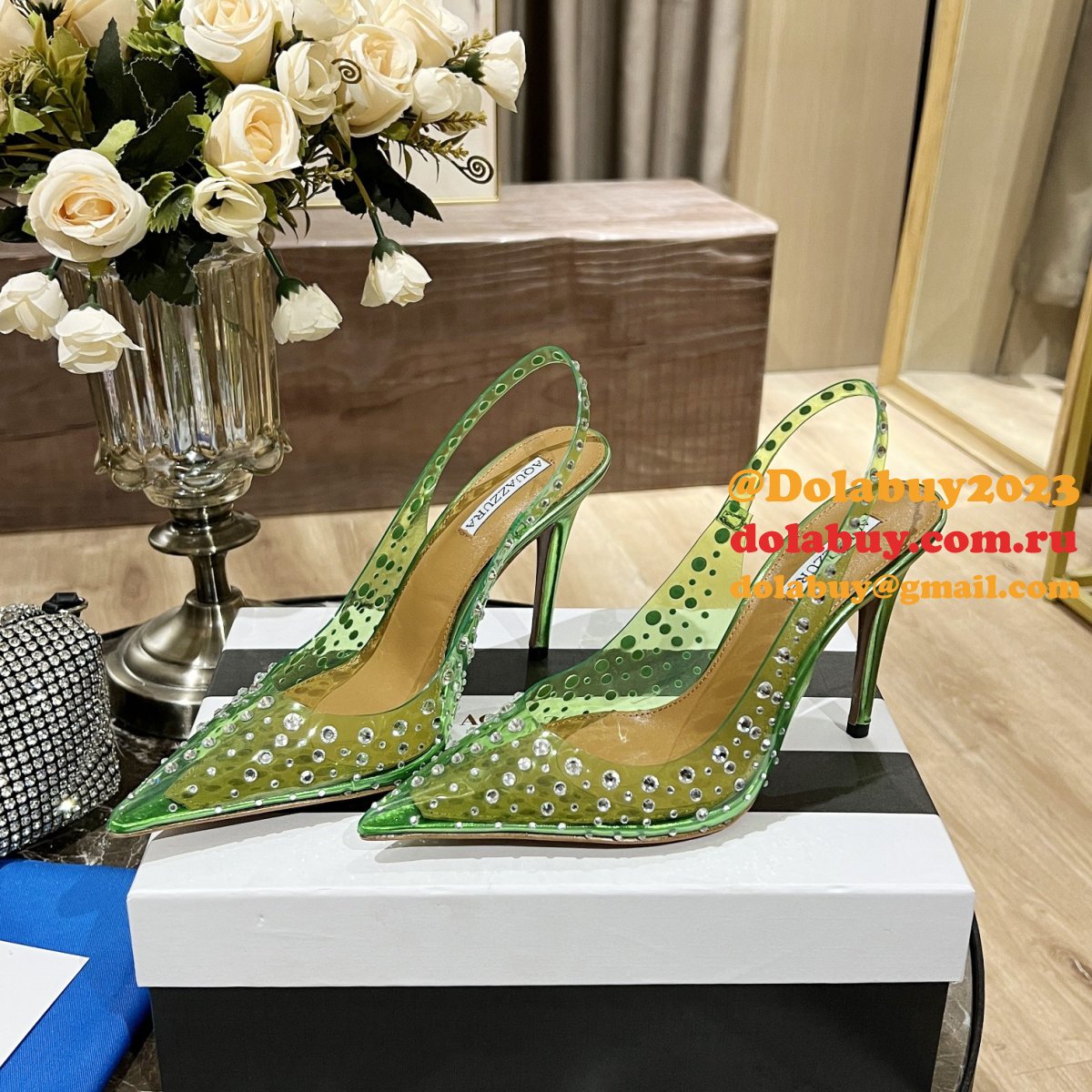 Designer Aquazzura Copy Pointed Toe Rhinestone Sandals Heel Shoes