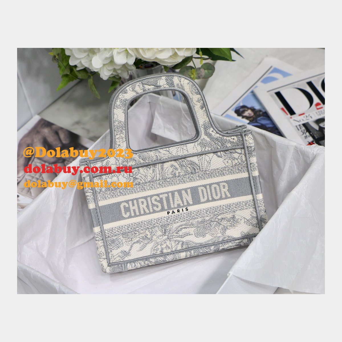 Top Quality Dior Replica Mini Book Tote Bag 22CM Canvas Embroidered