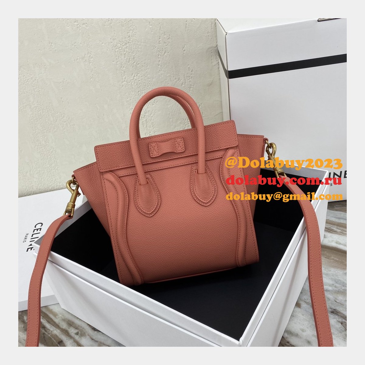 Replica Celine Pink Nano Luggage bag in drummed calfskin