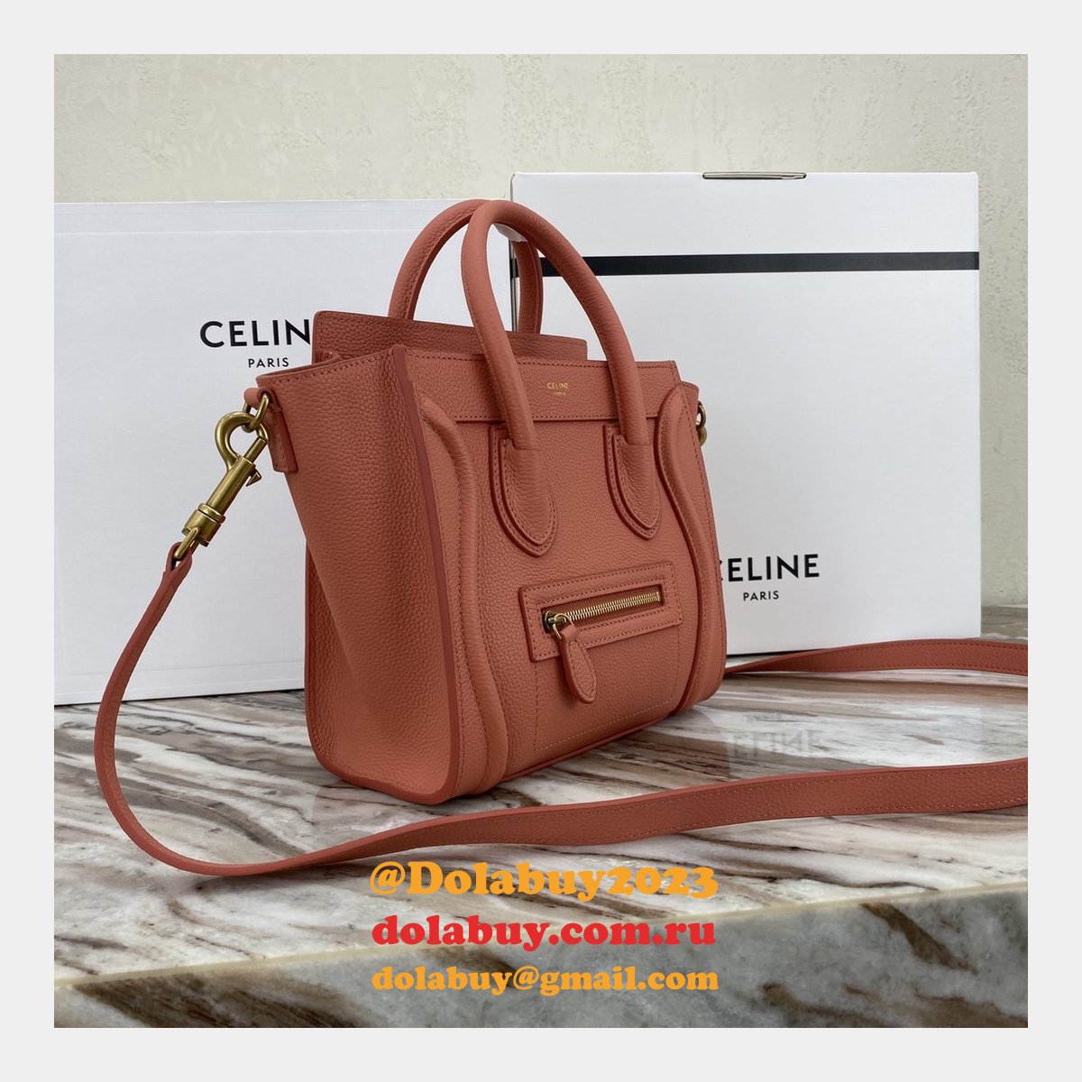 Replica Celine Pink Nano Luggage bag in drummed calfskin