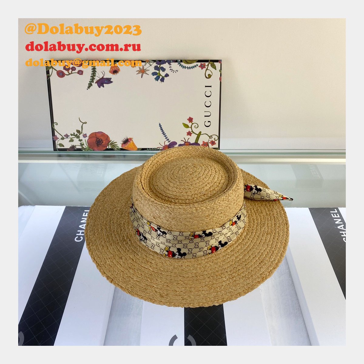 G*u*i replica 2020 mickey ribbon raffia uk hat