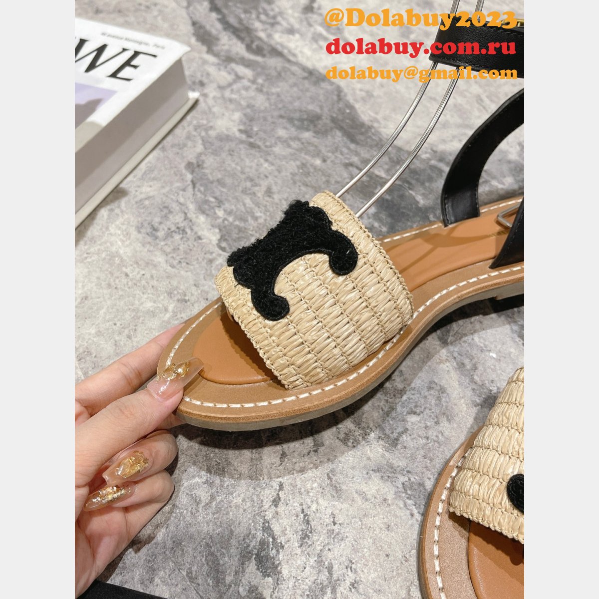 Top Quality Celine LYMPIA FLAT STRAP SANDAL in RAFFIA & CALFSKIN