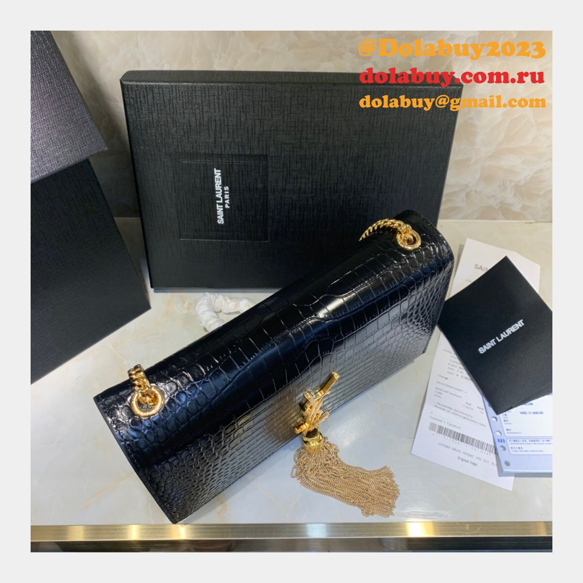 YSL Cheap Saint Laurent Crocodile pattern 24cm Black Bag
