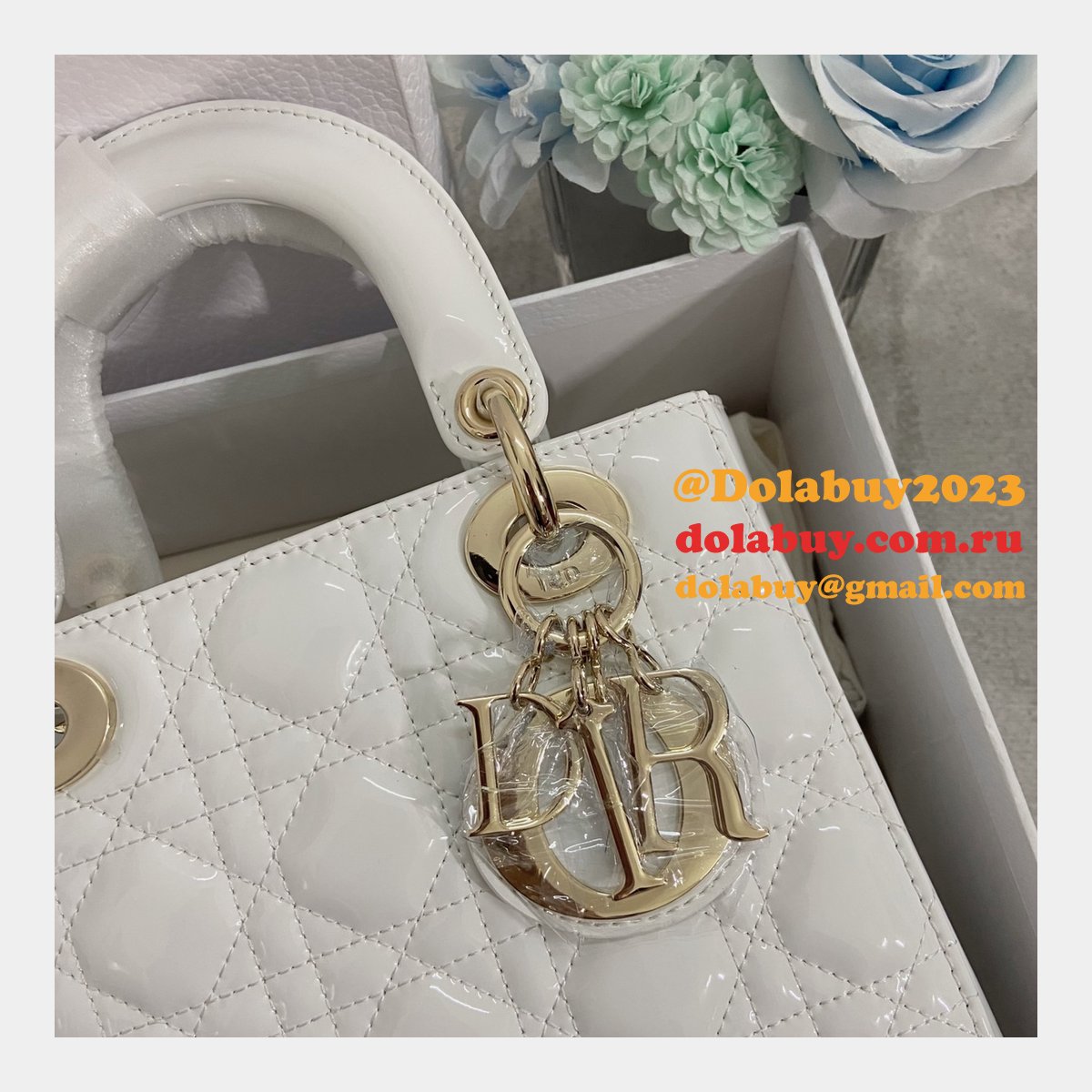 Best DIOR LADY Wholesale PATENT LEATHER HANDBAG 20cm white