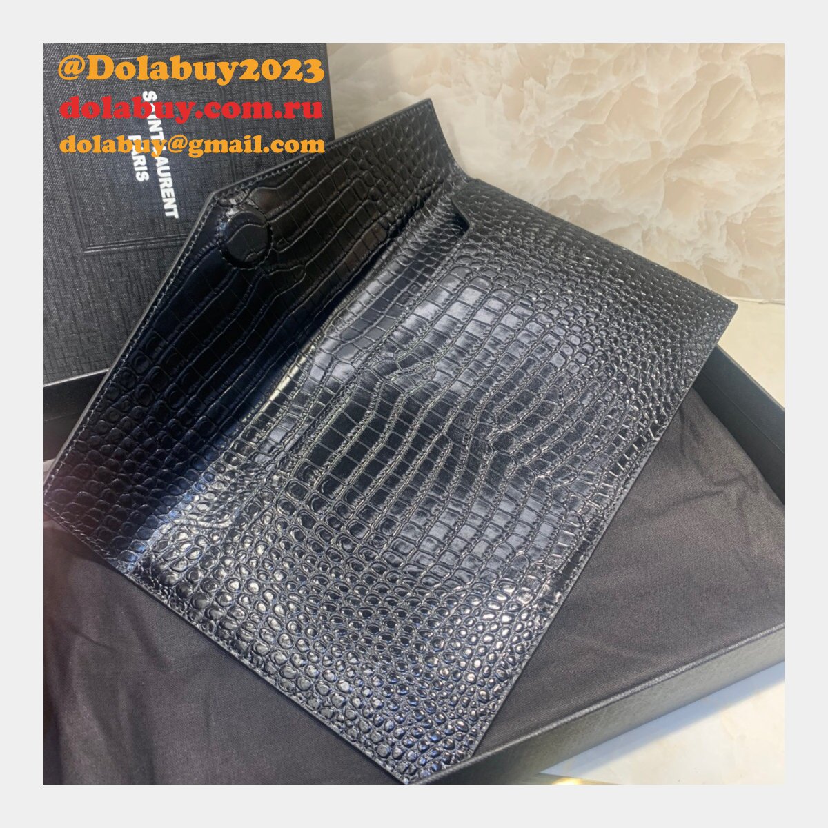YSL Top Quality Clutch in embossed crocodile shiny black leather