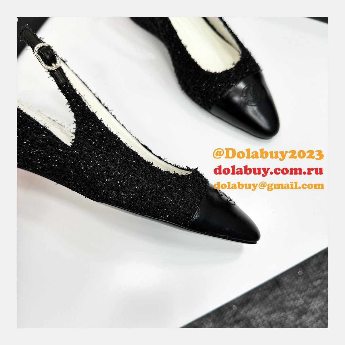 Cotton Tweed Lambskin White Black Slingbacks Shoes