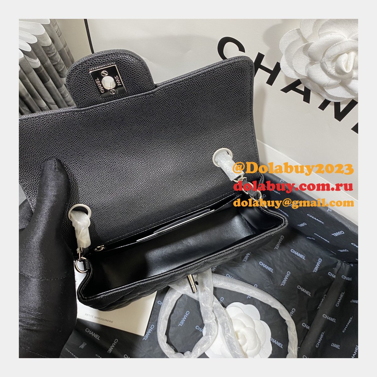 7 Star CC Lambskin Flap Designer Black Bag 20CM