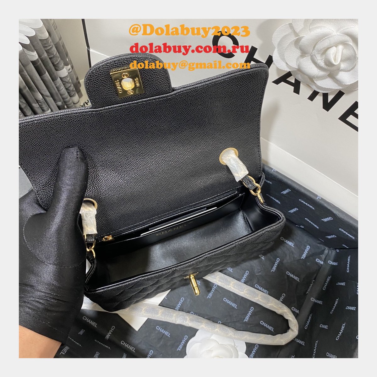 7 Star CC Lambskin Flap Designer Black Bag 20CM