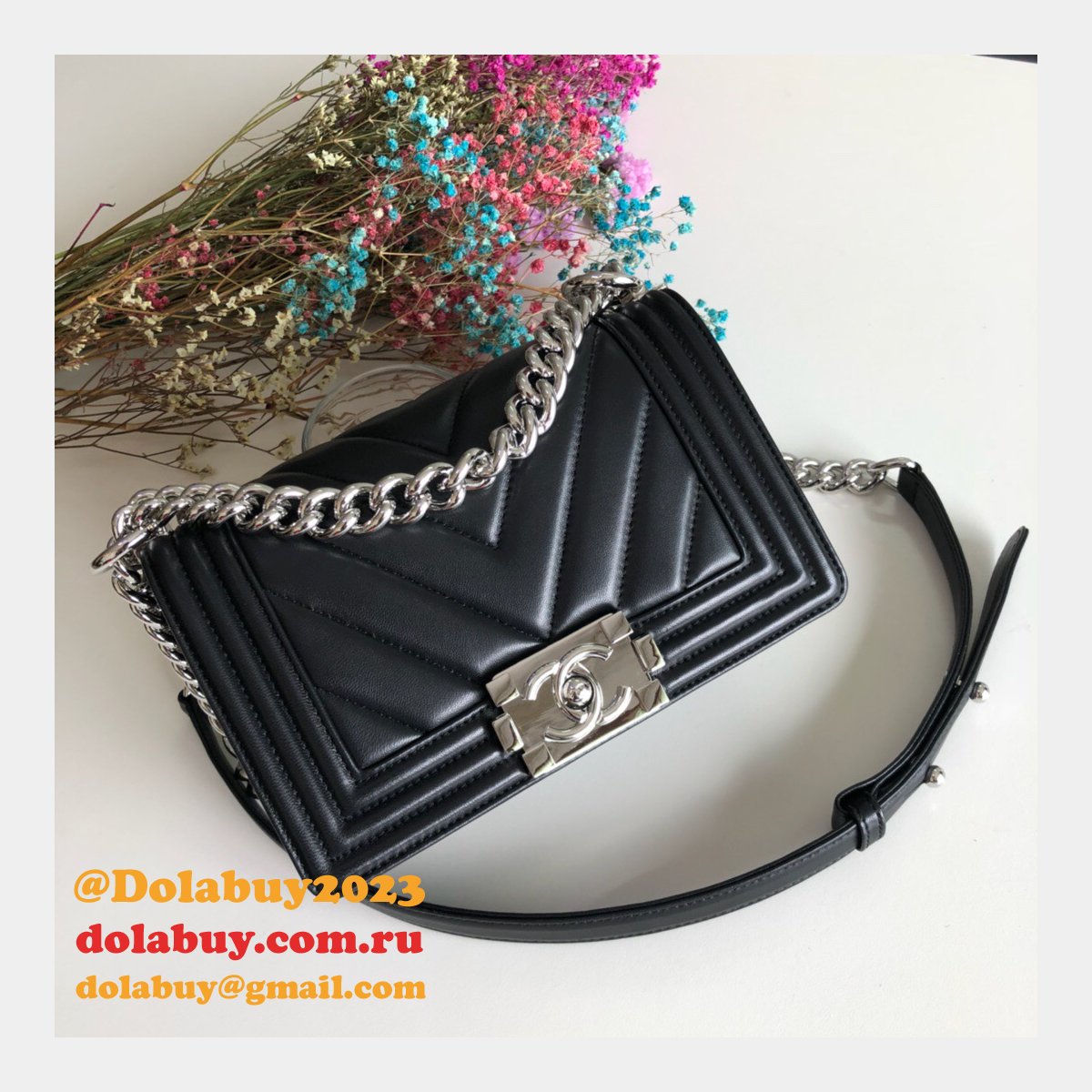 Luxury CC V Le Boy Replica 7 Star Black Bags lambskin 20cm