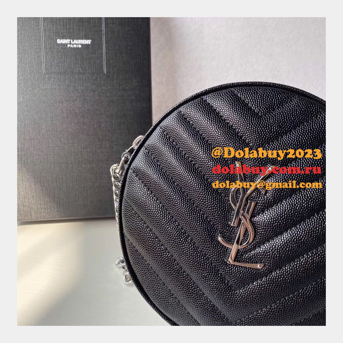 Cheap YSL Vinyle round camera bag 610436 chevron-quilted