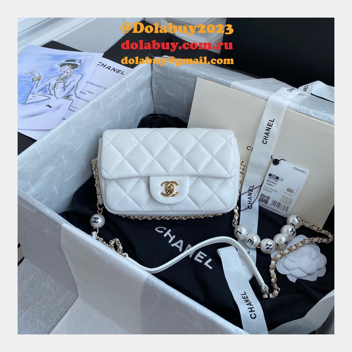 CC Replica Pearl CF Classic Flap 18cm Black/White Bags