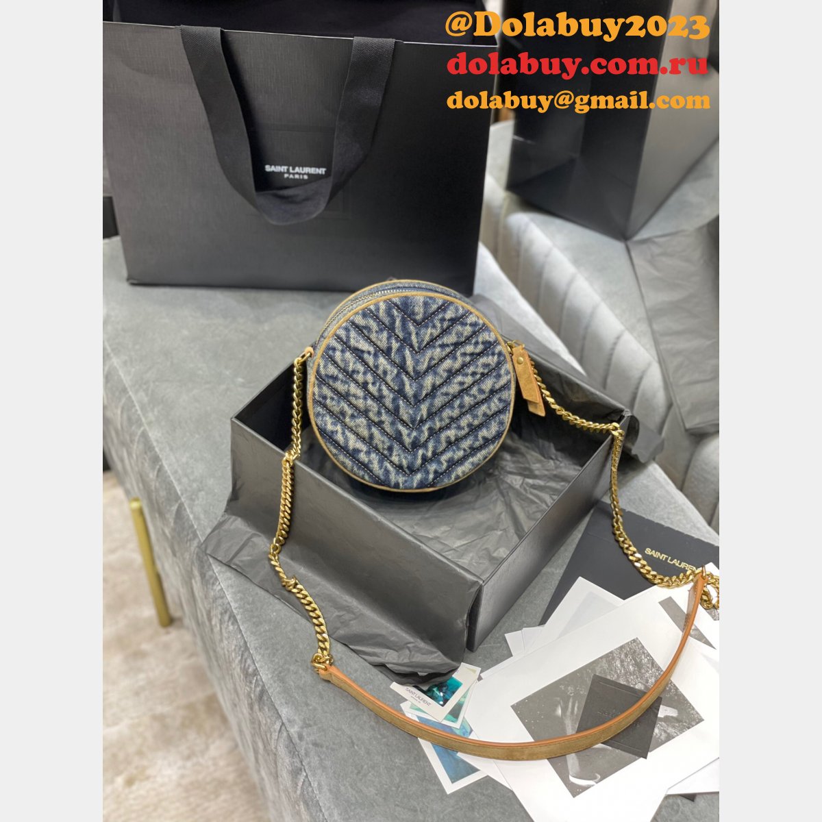 Saint Laurent Fake Vinyle round camera bag 610436 chevron-quilted