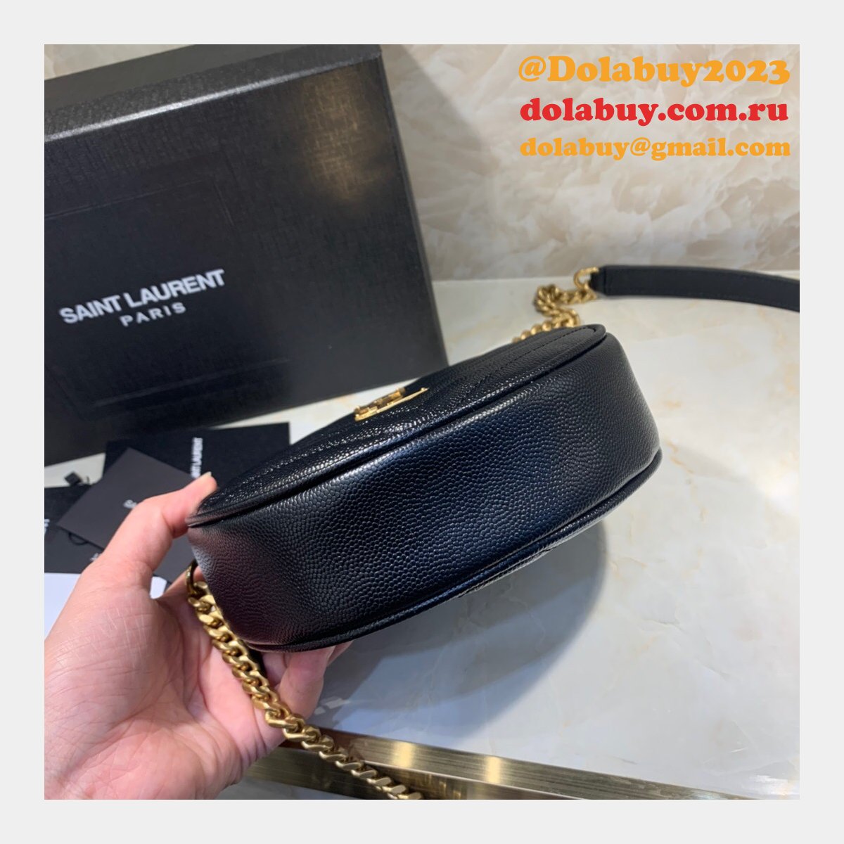 Cheap YSL Vinyle round camera bag 610436 chevron-quilted