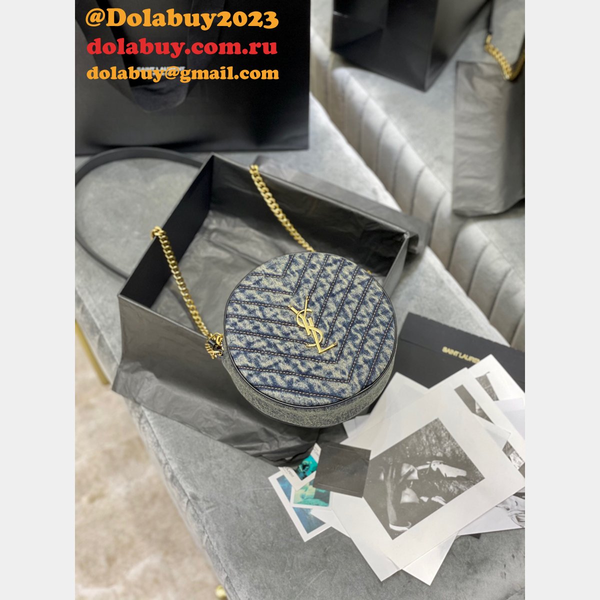 Saint Laurent Fake Vinyle round camera bag 610436 chevron-quilted