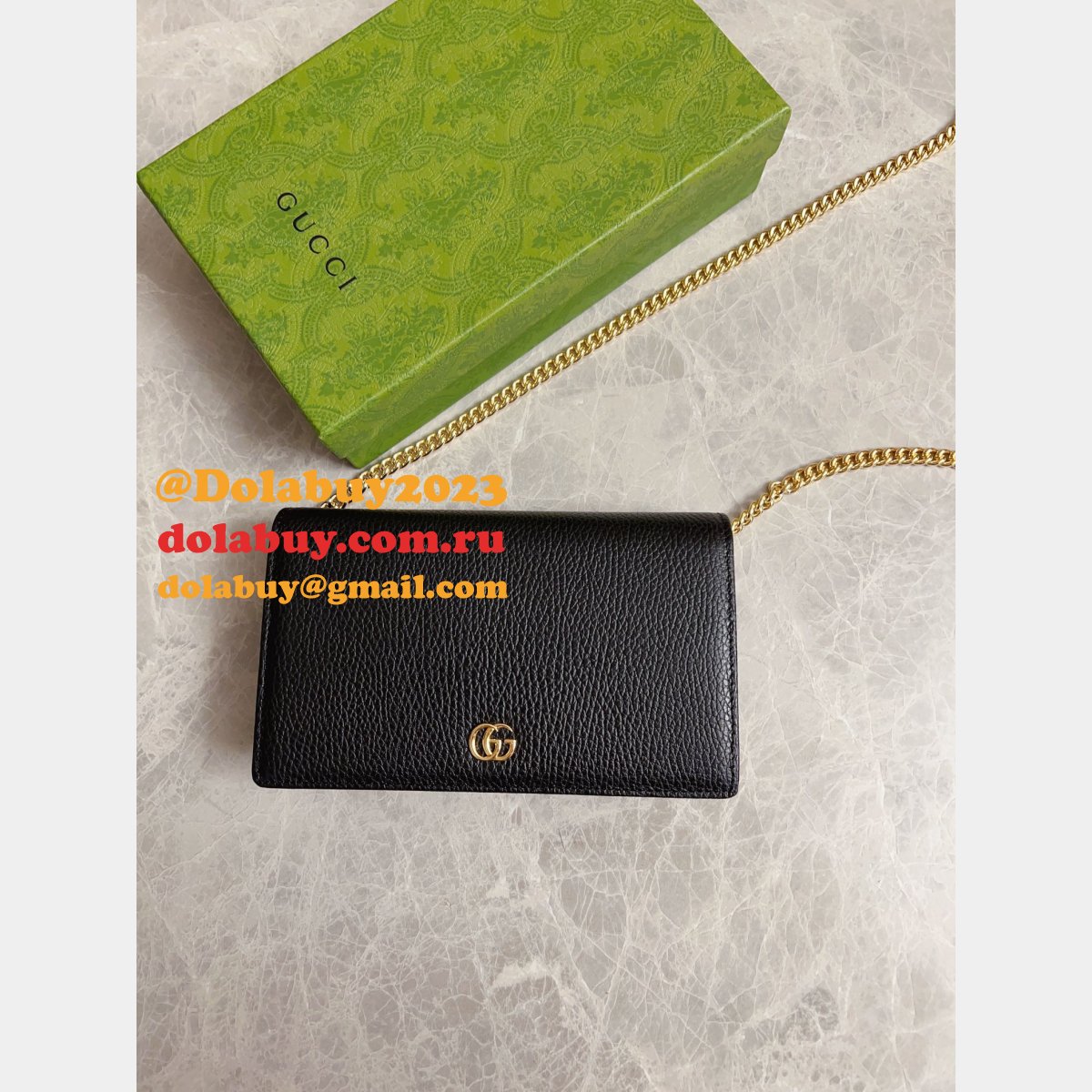 TOP LUXURY GUCCI REPLICAS 497985 MARMONT LEATHER MINI CHAIN WALLETS BAG