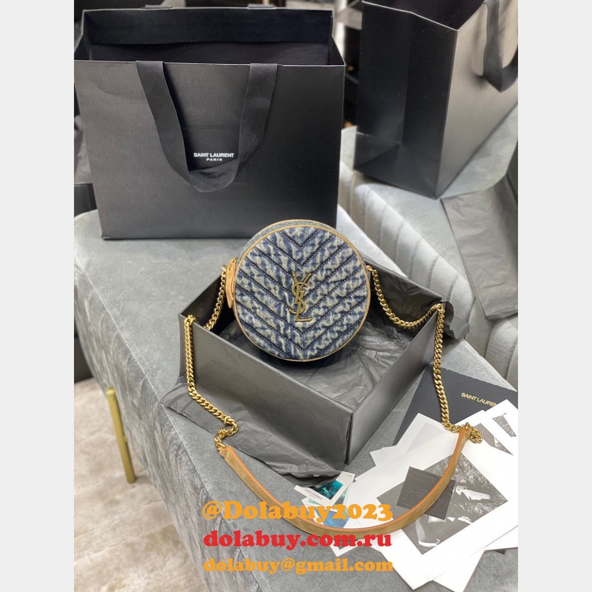 Saint Laurent Fake Vinyle round camera bag 610436 chevron-quilted