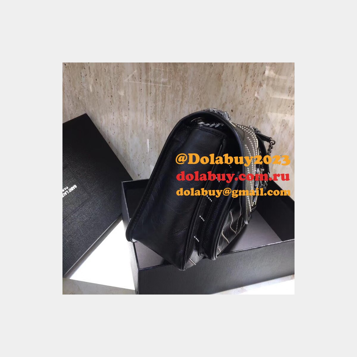 Top Quality YSL Niki 28CM crinkled vintage black leather