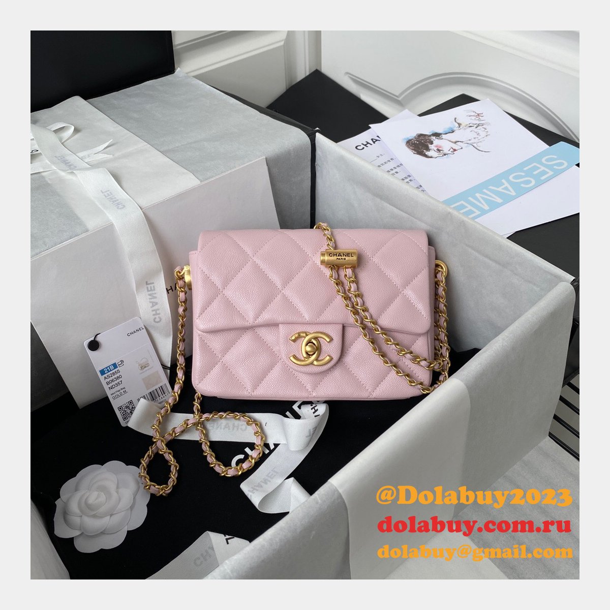 High Quality Designer Replica Mini AS2855 Flap Bag Iridescent Grained Calfskin & Gold-Tone Metal