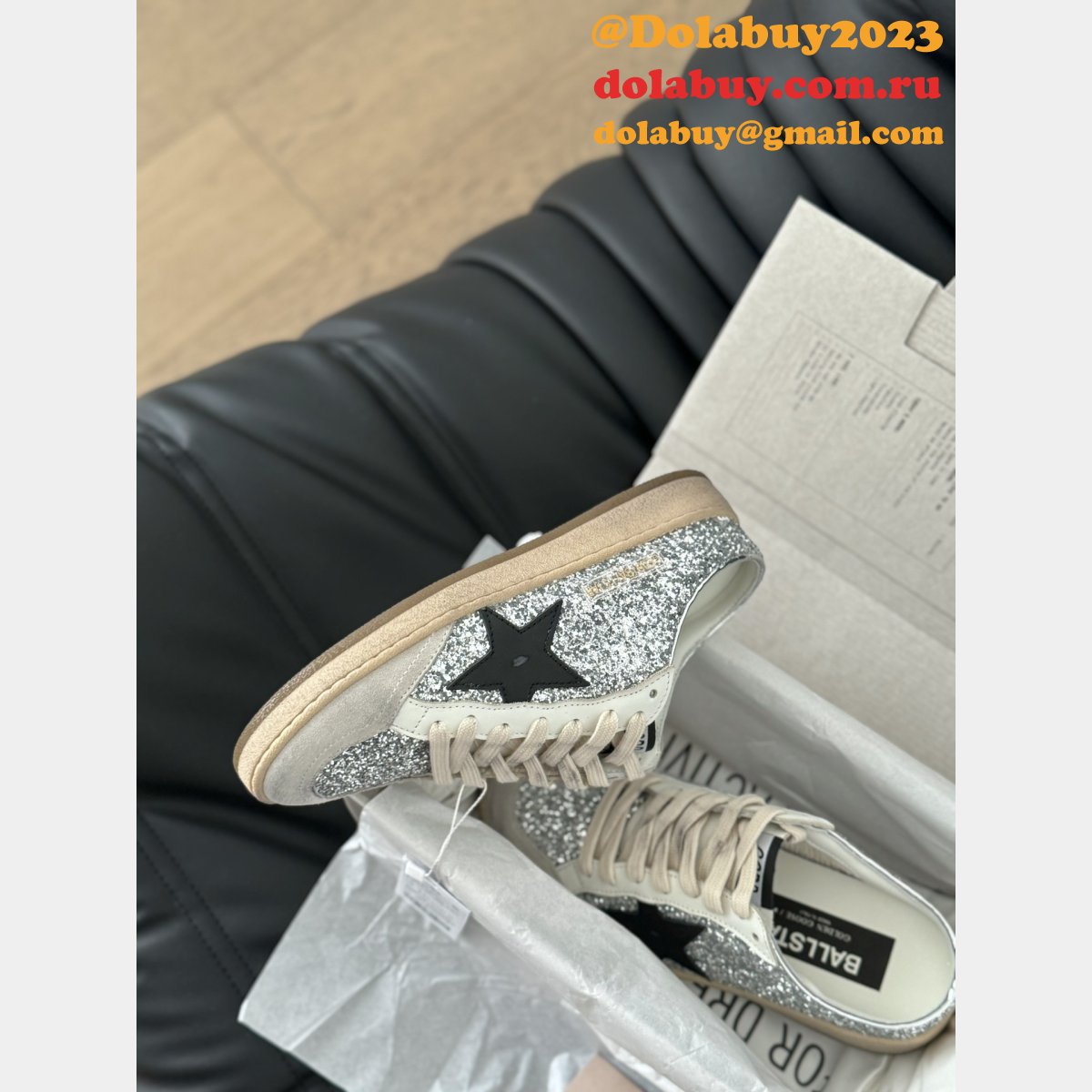 Luxury Super-Star Sabots with platinum star and ice-gray suede tongue