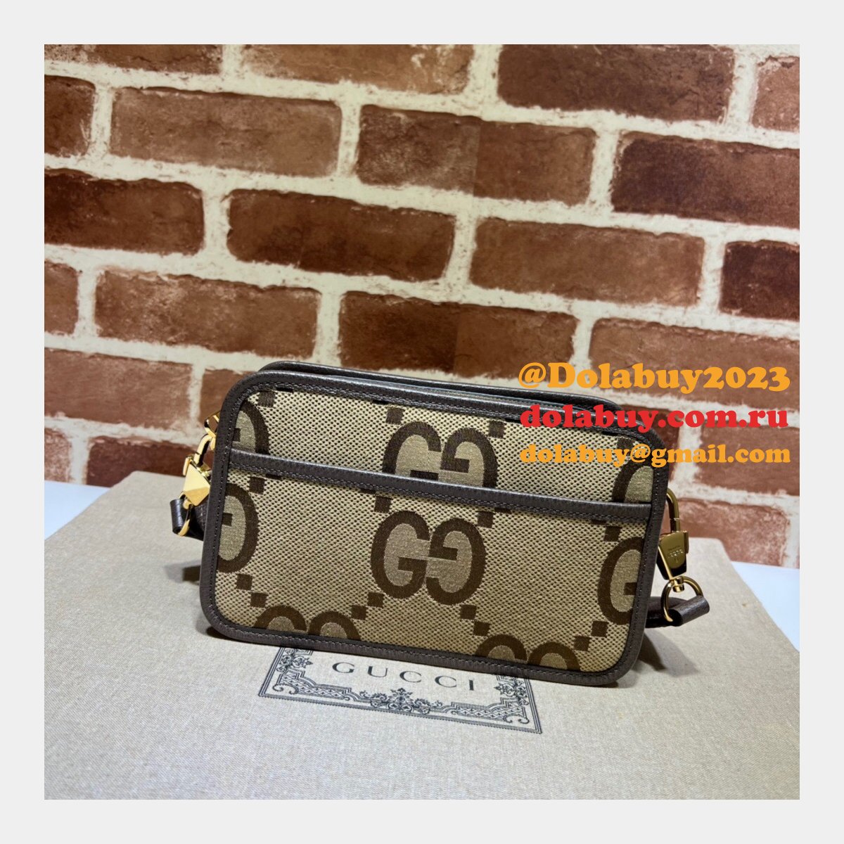 Gucci Perfect 696075 Copy Jumbo GG mini bag in camel and ebony GG canvas