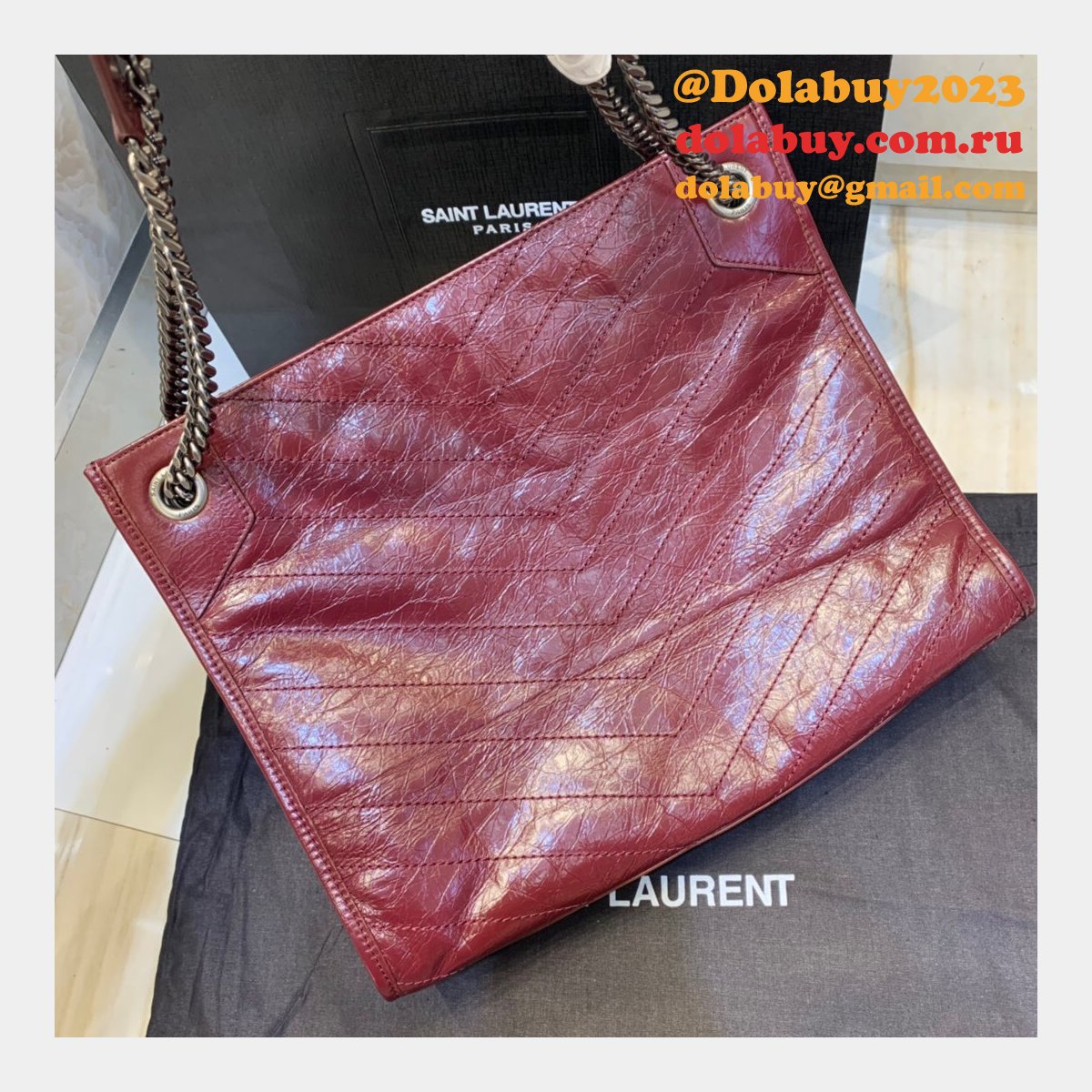 Replica YSL NIKI red shopping bag in crinkled vintage leather