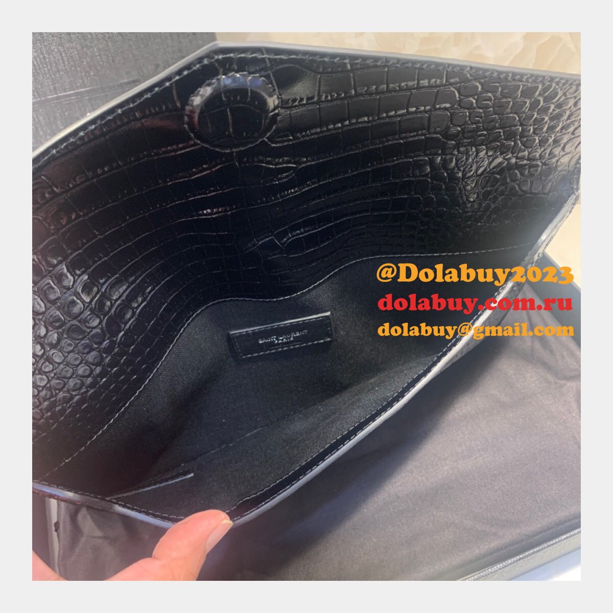 YSL Top Quality Clutch in embossed crocodile shiny black leather
