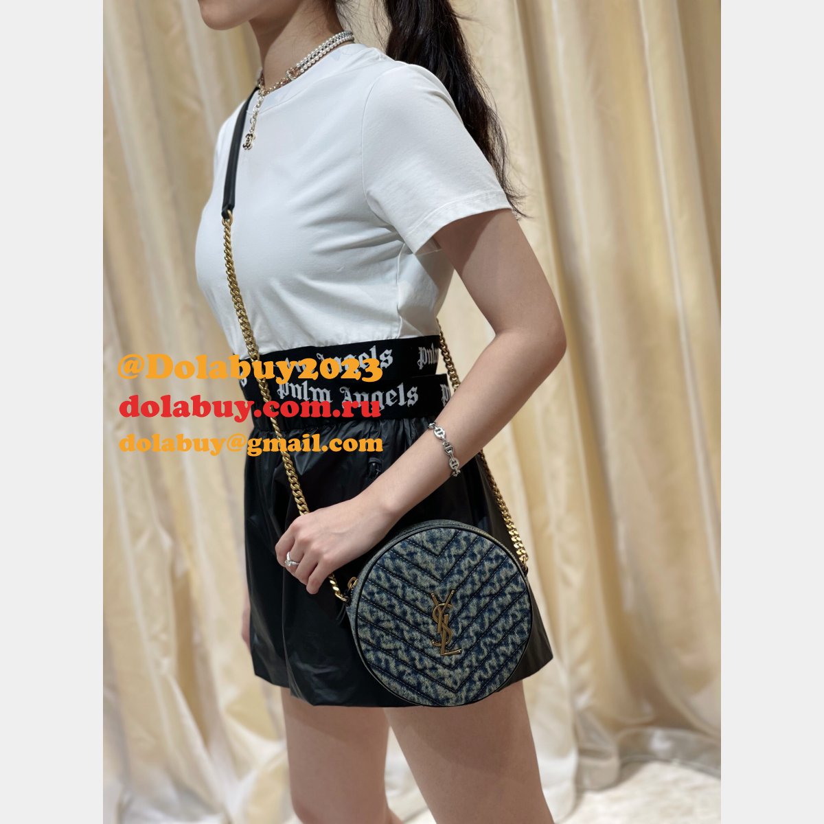 Saint Laurent Fake Vinyle round camera bag 610436 chevron-quilted