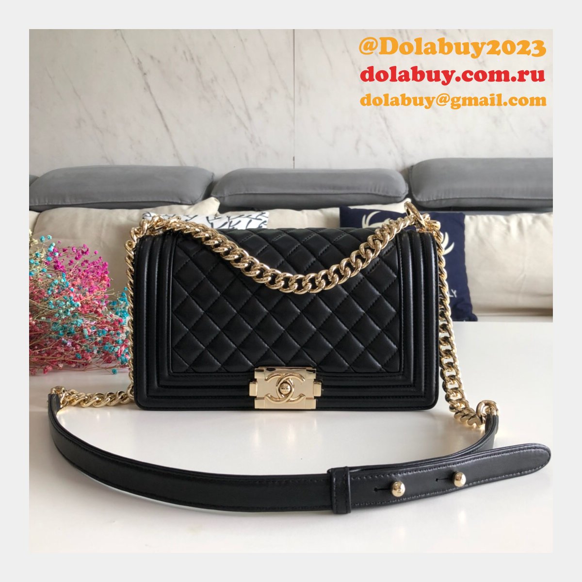 Fashion CC Le Boy Top Quality Black Bags lambskin 25cm