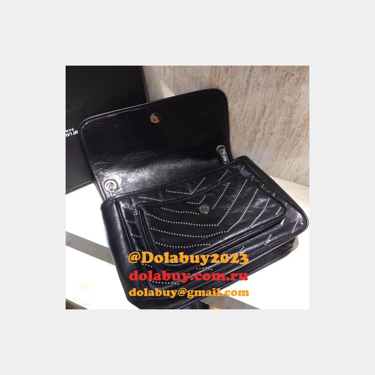 Top Quality YSL Niki 28CM crinkled vintage black leather