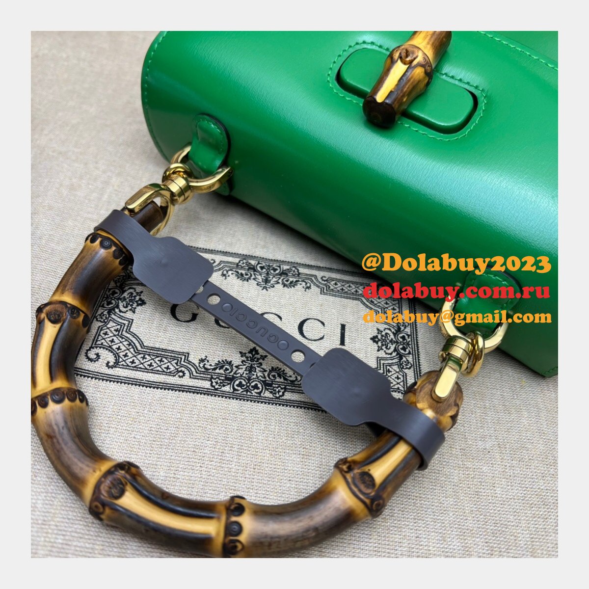 perfect G*u*i copy 675797 small top handle pink/green bag with bamboo