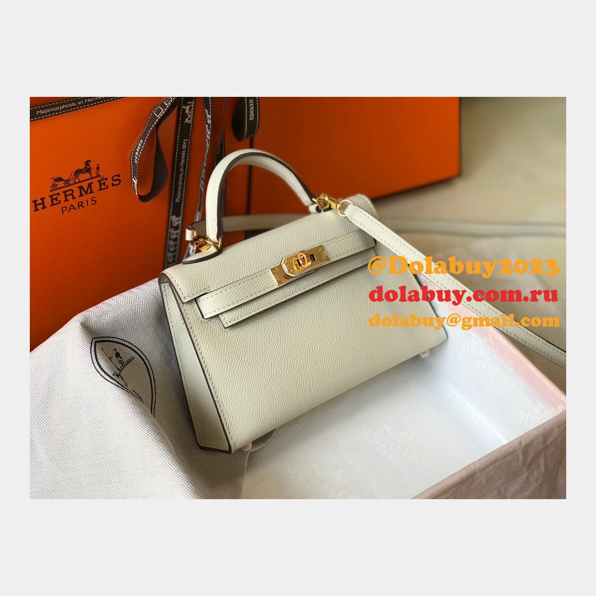 Replica Hermes Mini Kelly Handbag Epsom leather Off white